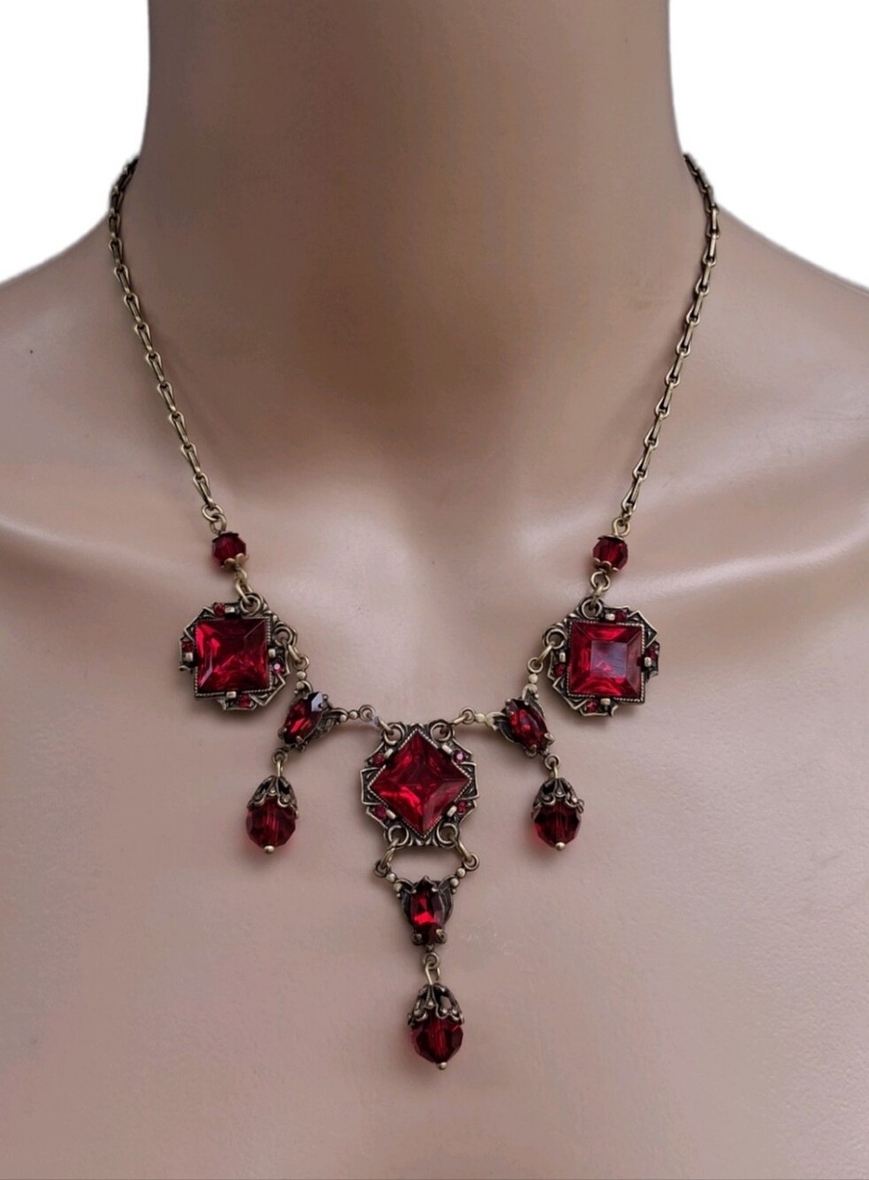 Sweet Romance Vintage Victorian Revival Red Crystal Lavalier Statement Necklace